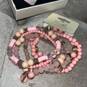 set of six versatile, stackable, bracelets, in mixed stones, shades of pink, new